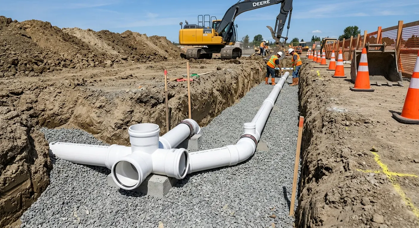 New PVC sewer pipe installation in open trench for Commercial Drain Cleaning in Gardnerville