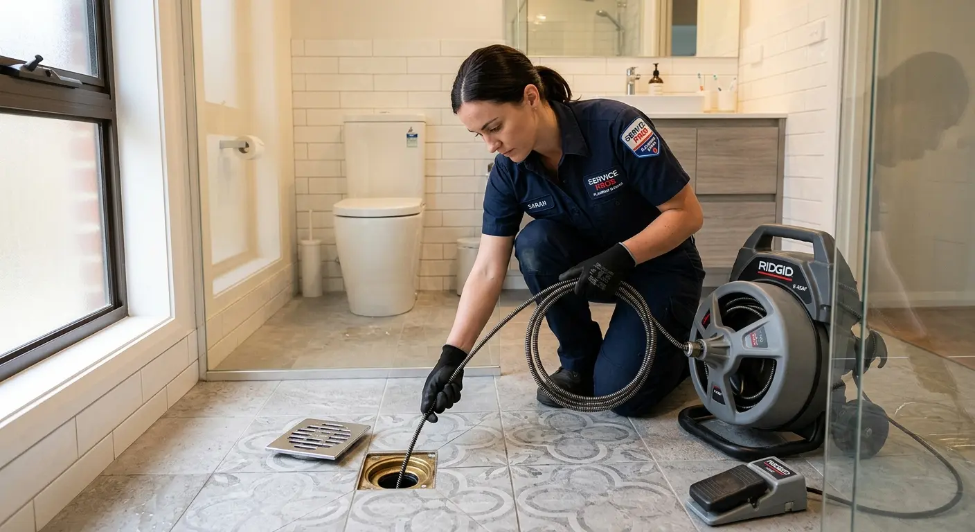 Technician clearing a bathroom floor drain for Drain Cleaning in Gardnerville